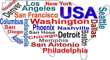 Image showing USA map and words cloud with larger cities