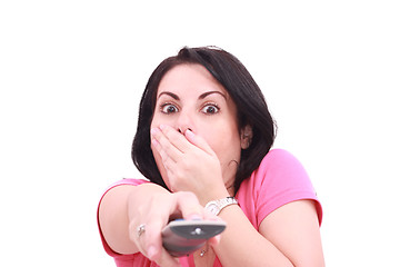 Image showing Scared young woman while watching TV in a white background