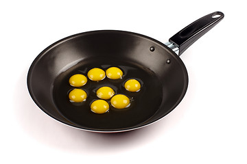 Image showing Broken quail eggs in pan