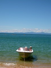 Image showing Motor Boat moored on beach