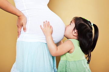 Image showing Girl kissing pregnant mother