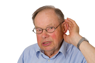 Image showing Male senior with hand on ear