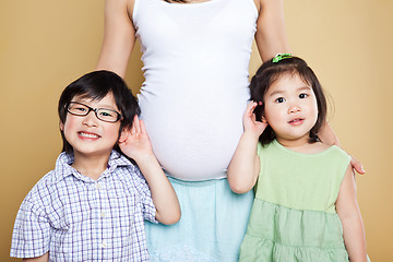 Image showing Pregnant Asian mother and her kids