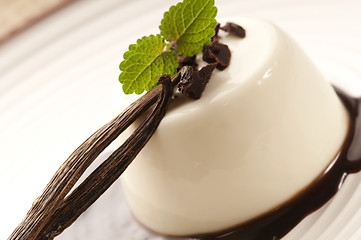 Image showing Panna Cotta with chocolate and vanilla beans