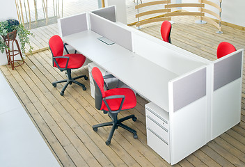 Image showing office desks and red chairs cubicle set 