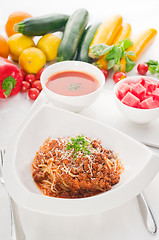 Image showing spaghetti with bolognese sauce with gazpacho soup and fresh vege