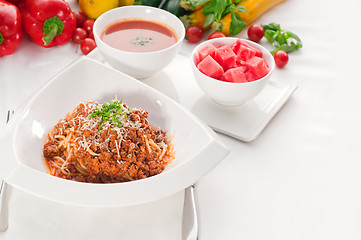 Image showing spaghetti with bolognese sauce with gazpacho soup and fresh vege