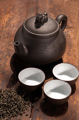 Image showing chinese green tea pot and cups