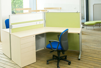 Image showing office desks and blue chairs cubicle set 