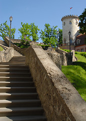 Image showing Stone stairs up to tower