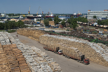 Image showing Timber trucks on wood factory