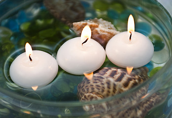 Image showing Three burning candles and shell
