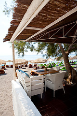 Image showing Restaurant tables in Perissa, Santorini, Greece