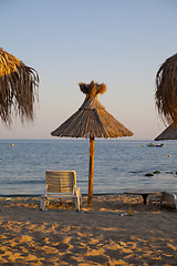 Image showing beach with palms umbrella and chairs
