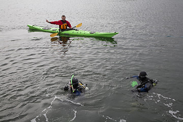 Image showing Divers and kayak