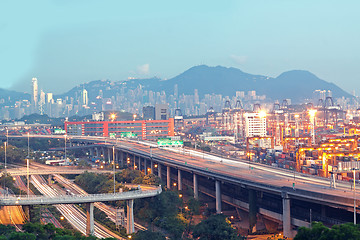 Image showing Hong Kong Bridge of transportation ,container pier.