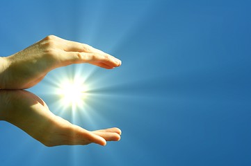 Image showing hand sun and blue sky