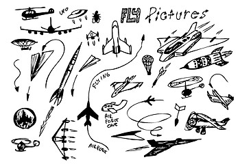 Image showing hand drawn flying vehicles icons