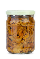 Image showing Chanterelle mushrooms marinated in the glass jar