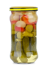 Image showing Vegetables on skewer marinated in the glass jar