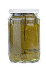 Image showing Dolma (sarma) ingredients: grape leaves conserved in the glass jar