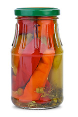 Image showing Chili peppers marinated in the glass jar