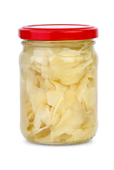 Image showing Sliced ginger root marinated in the glass jar