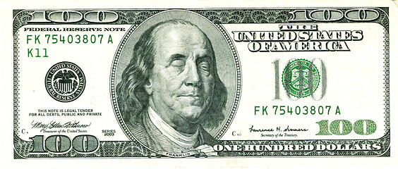 Image showing Closed Eyed Franklin 100 US Dollar Bill