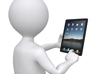 Image showing 3D man holding a touchpad pc pressing one of the icons