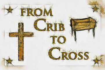 Image showing Crib to Cross Christian Art (Line Drawing/Gold Text)