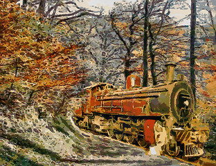 Image showing Orange Train through forest (oil painting)