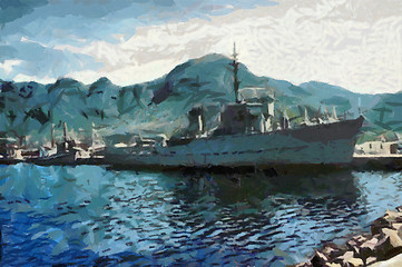 Image showing Warship in Harbor