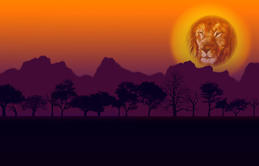 Image showing African Sunset Lion and Mountain