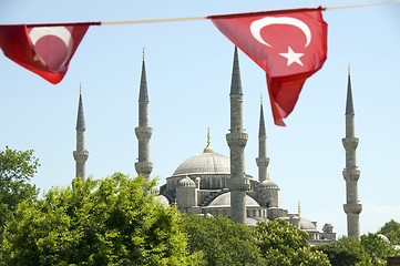 Image showing Blue Mosque with Turkish flags Istanbul