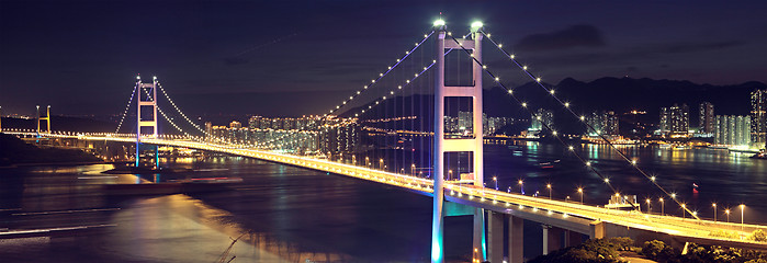 Image showing Beautiful night scenes of Tsing Ma Bridge in Hong Kong. 