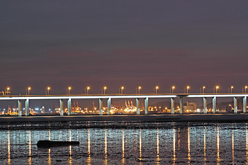 Image showing sunset in hongkong and highway bridge and container pier