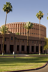 Image showing Music Building in front of the University Football Stadium