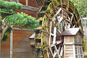 Image showing water wheel on old grist mill in forest