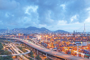 Image showing Hong Kong Bridge of transportation ,container pier.