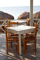 Image showing Restaurant tables in Perissa, Santorini, Greece