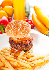 Image showing classic hamburger sandwich and fries