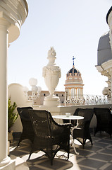 Image showing rooftop cafe Gran Via cathedral view Madrid Spain