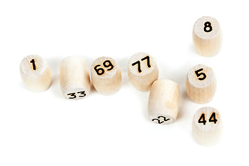 Image showing wooden barrels with lotto numbers