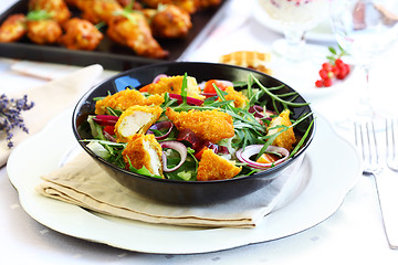 Image showing Gourmet salad with curry chicken stripes