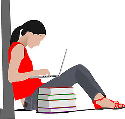 Image showing Sitting girl with laptop and book`s column. Back to school. Vect