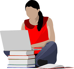 Image showing Sitting girl with laptop and book`s column. Back to school. Vect