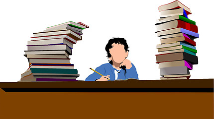Image showing Sitting boy between book`s column. Back to school. Vector illust