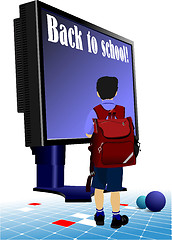 Image showing Schoolboy  going to school.. Back to school.  Monitor and books.