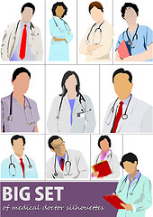 Image showing Big set of Medical doctor silhouettes with stethoscope. Vector i