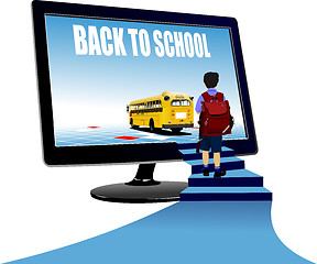 Image showing Schoolboy upstairs to school bus. Back to school. Vector illustr